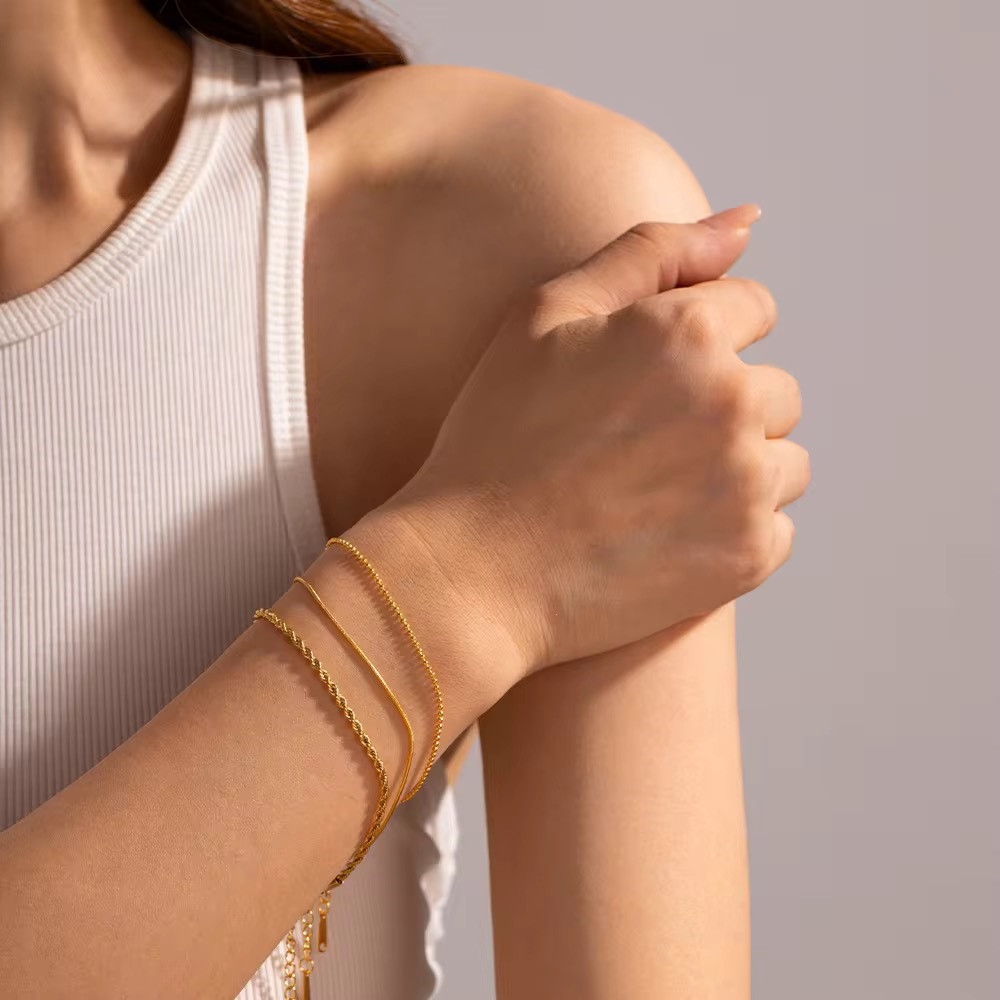 New 3 Layered Gold Plated Ball Beaded Stacking Bracelet Thin Twist Chain Bracelet Set